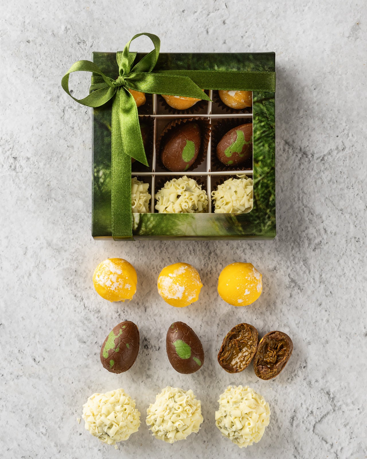 Easter dubai chocolate eggs and lemon and egg liqueur truffles selection