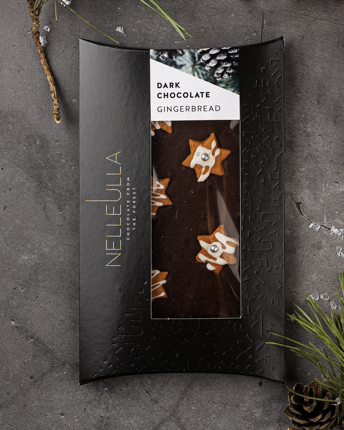 Dark chocolate with gingerbread in a box with special label